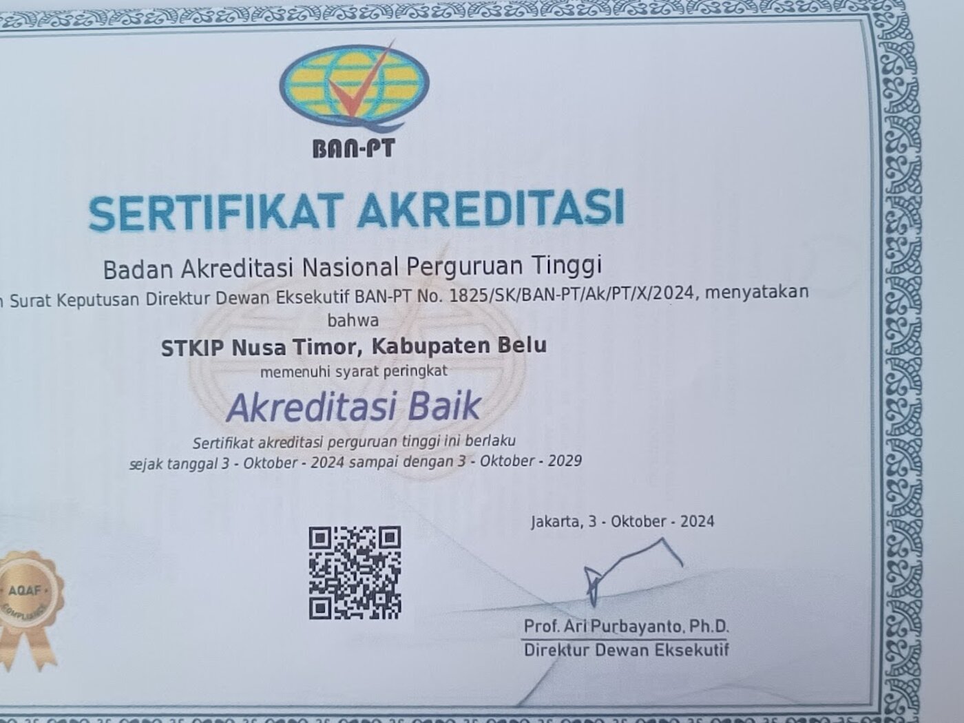 Het accreditatiecertificaat van STKIP Nusa Timor